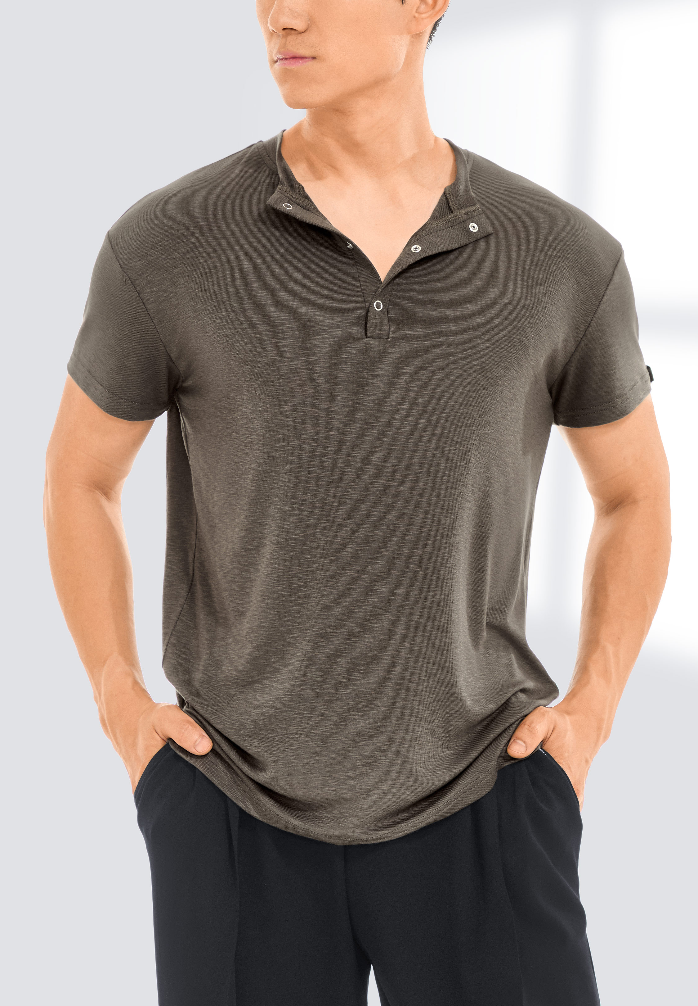 TDANCE Men’s Casual Snap Button T-Shirt BS-0037-Grey