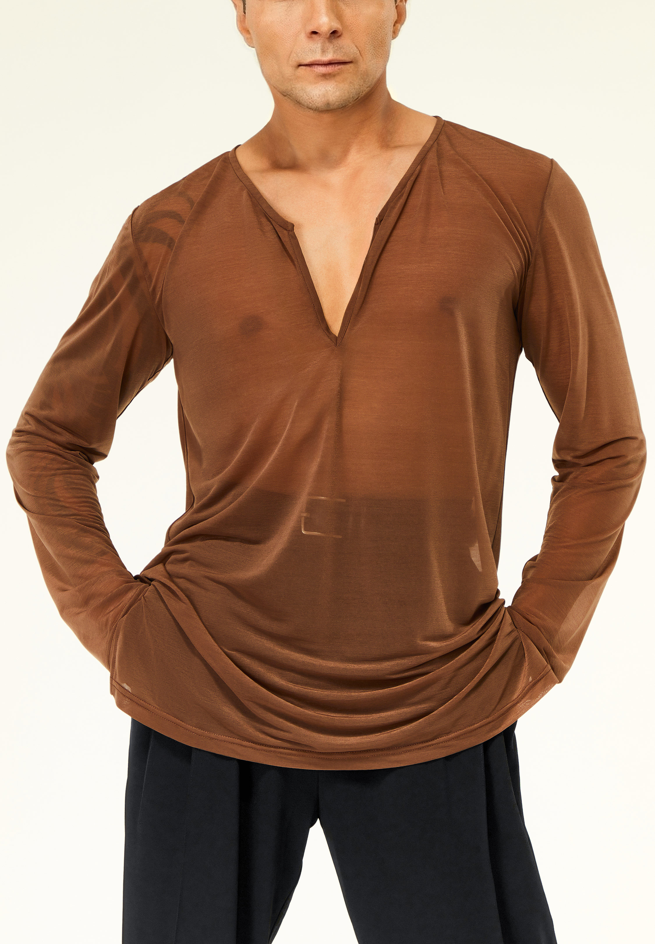 TDANCE Sheer Side Slit Shirt BS-0002-Brown