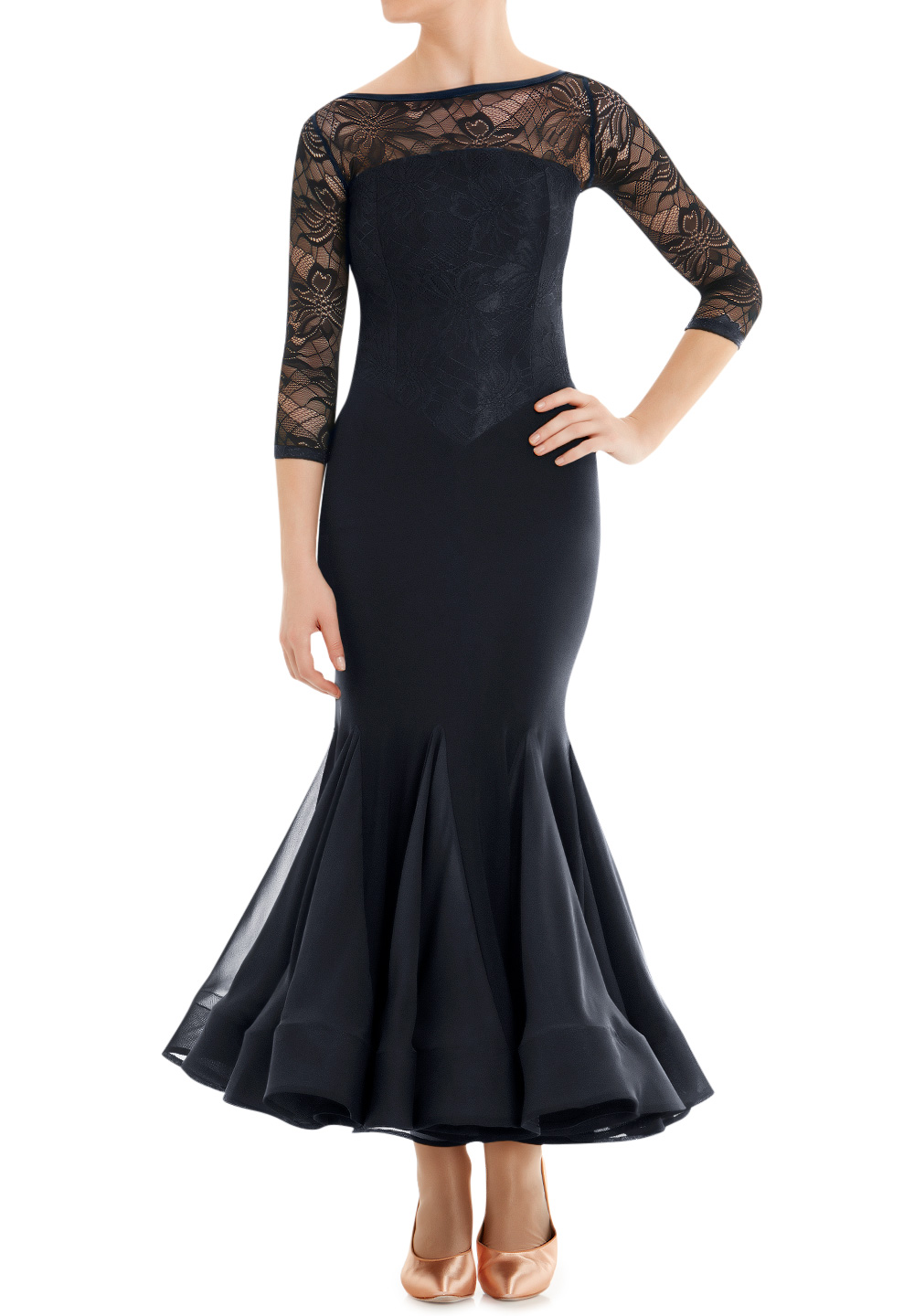 Armando Lace Bodice Ballroom Dress 00148-Black Lace w/ Black Lycra