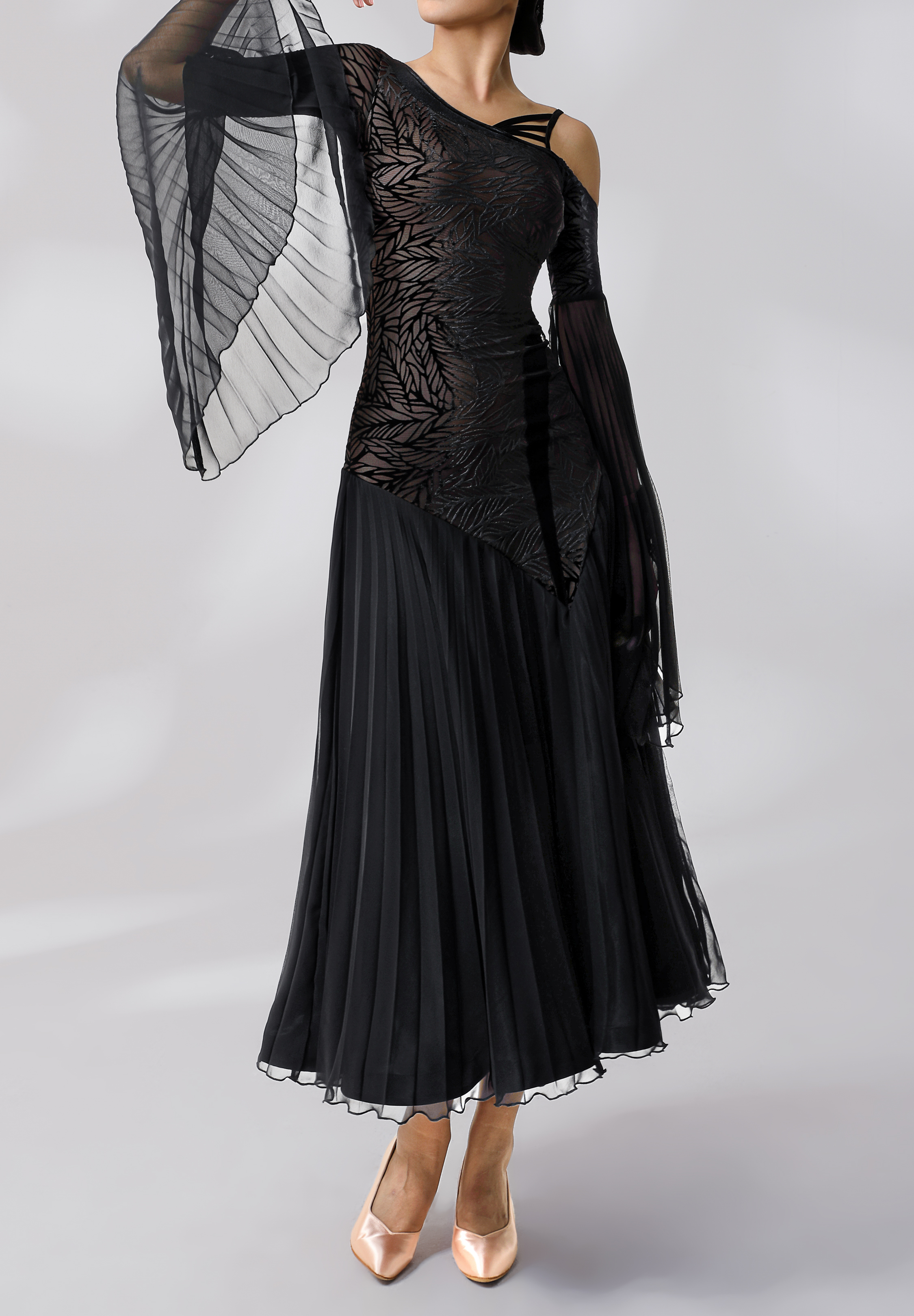 TID Pleated Sleeve Smooth Dress D007-Black