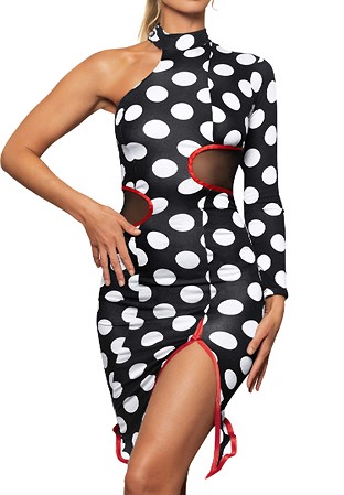 Dance America D2450 - Short Cutout Asymmetric Dress with Mesh Insets-Black with White Polka Dot and Red Satin Band