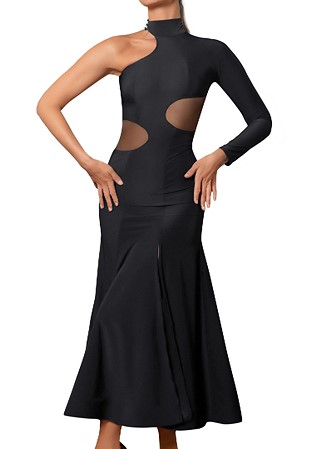 Dance America D2451 - Long Cutout Smooth Dress with Mesh Insets-Black