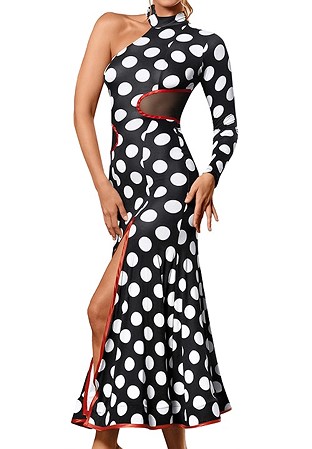Dance America D2451 - Long Cutout Smooth Dress with Mesh Insets-Black with White Polka Dot