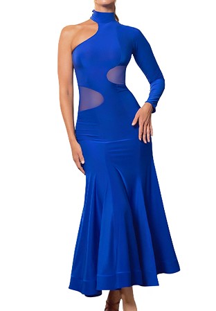 Dance America D2451 - Long Cutout Smooth Dress with Mesh Insets-Blue