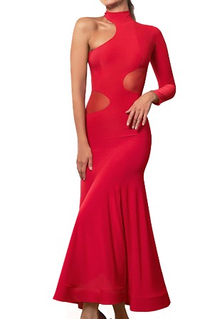 Dance America D2451 - Long Cutout Smooth Dress with Mesh Insets-Red