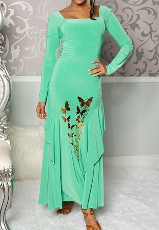Dance America D203B - Butterfly Long Princess Dress-Green-Gold Butterfly