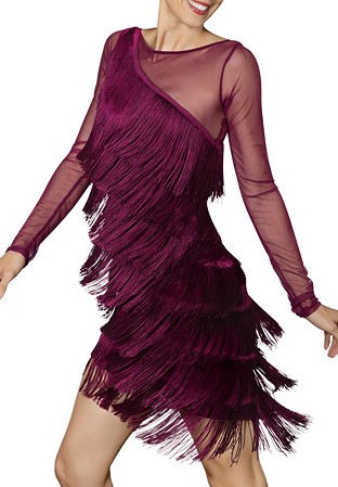 Dance America D2421 - Diagonal Fringe Dress-Wine