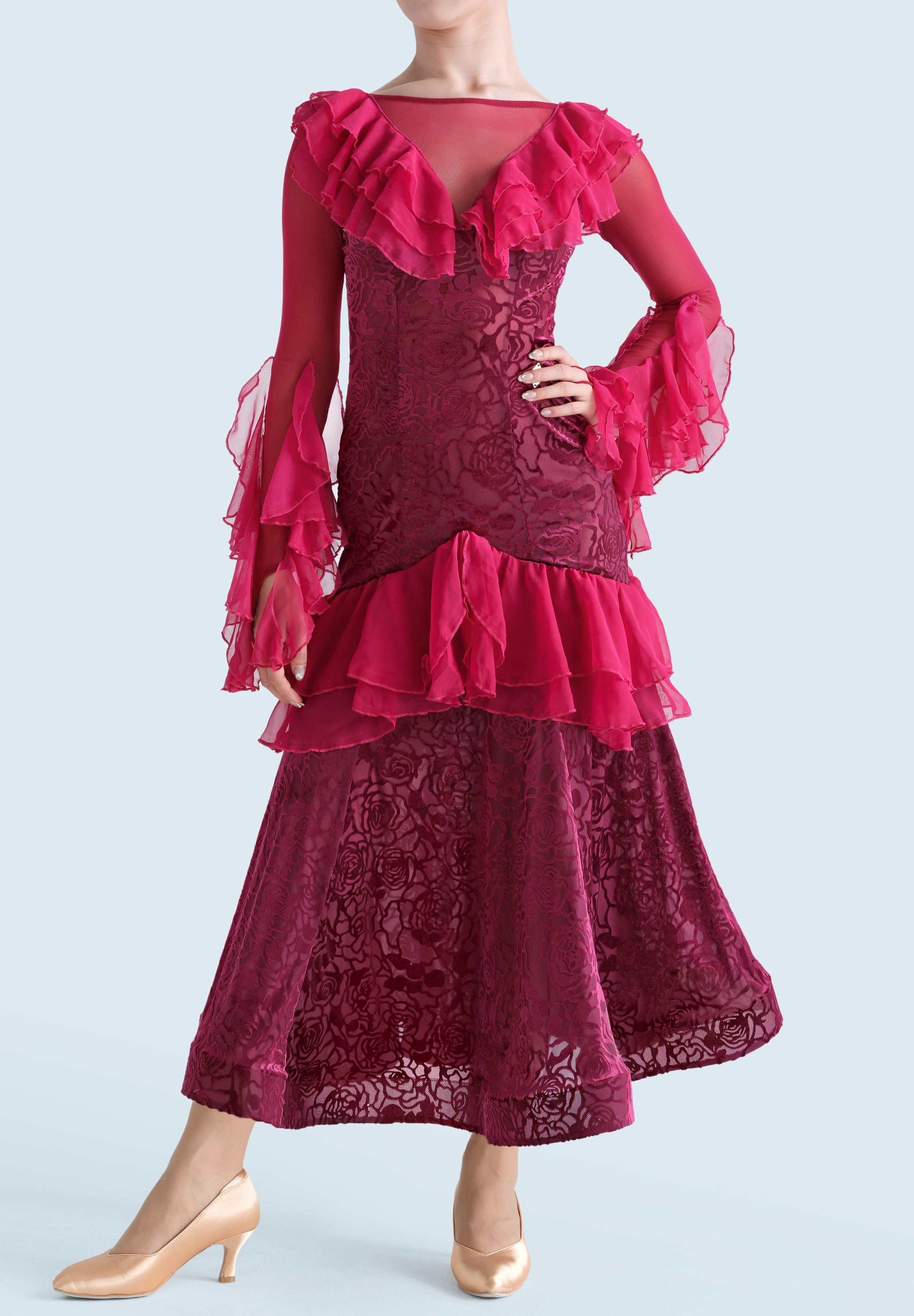 MF Ruffle Sonata Ballroom Dress M402-Wine