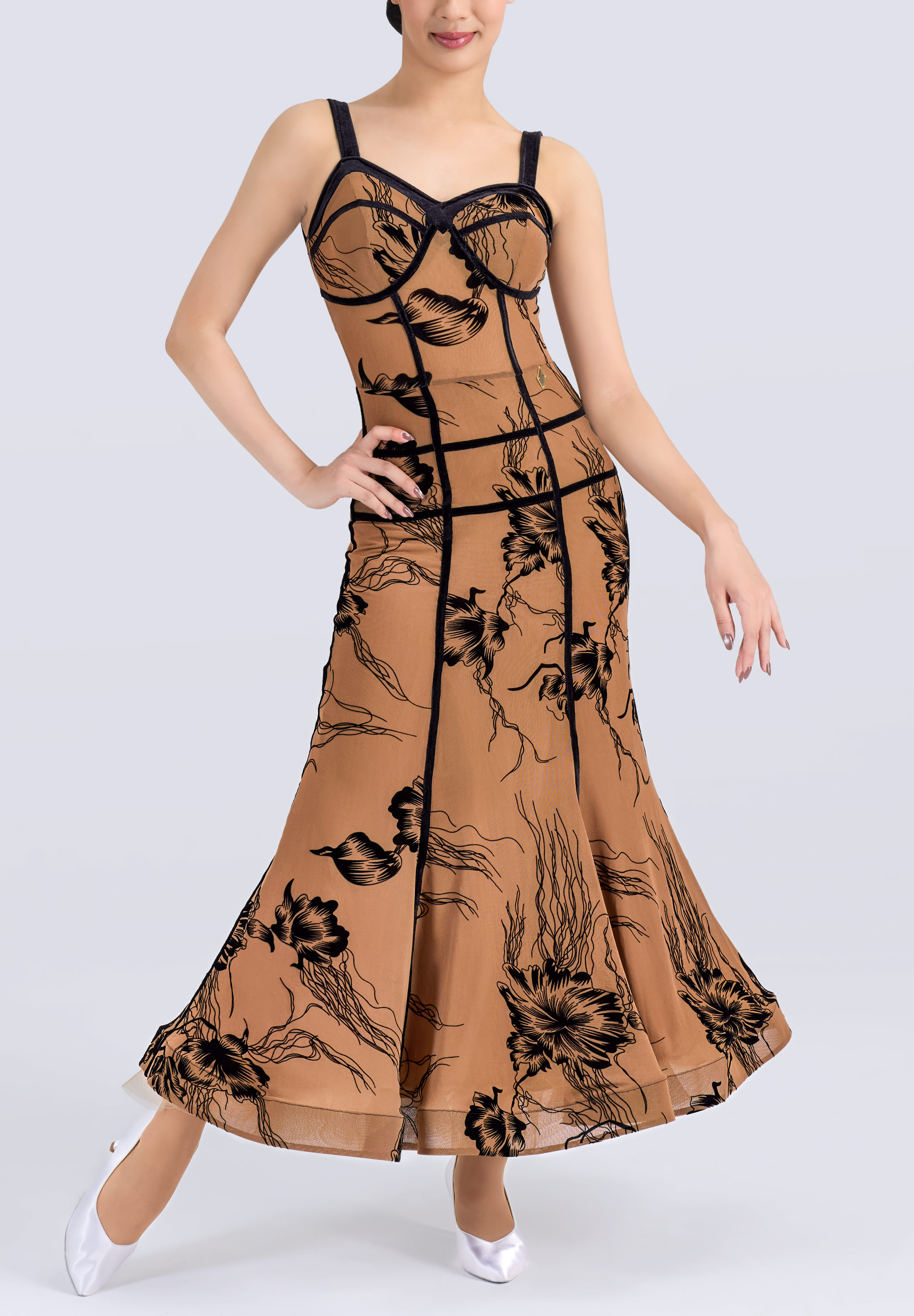 MF Cinder Petal Ballroom Gown M485-Brown Flower Print