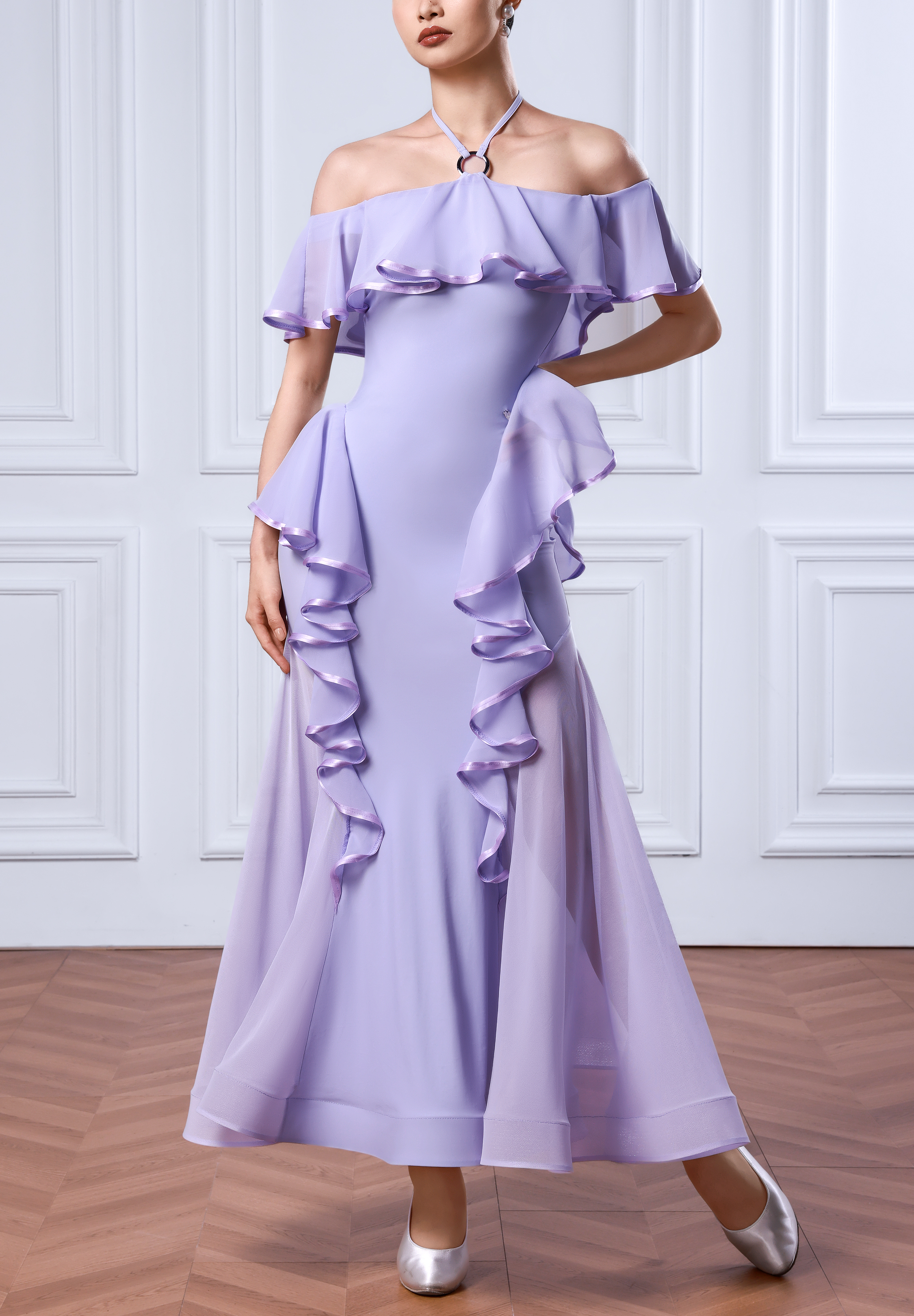 TID Ruffle Halter Ballroom Dress D040-Purple
