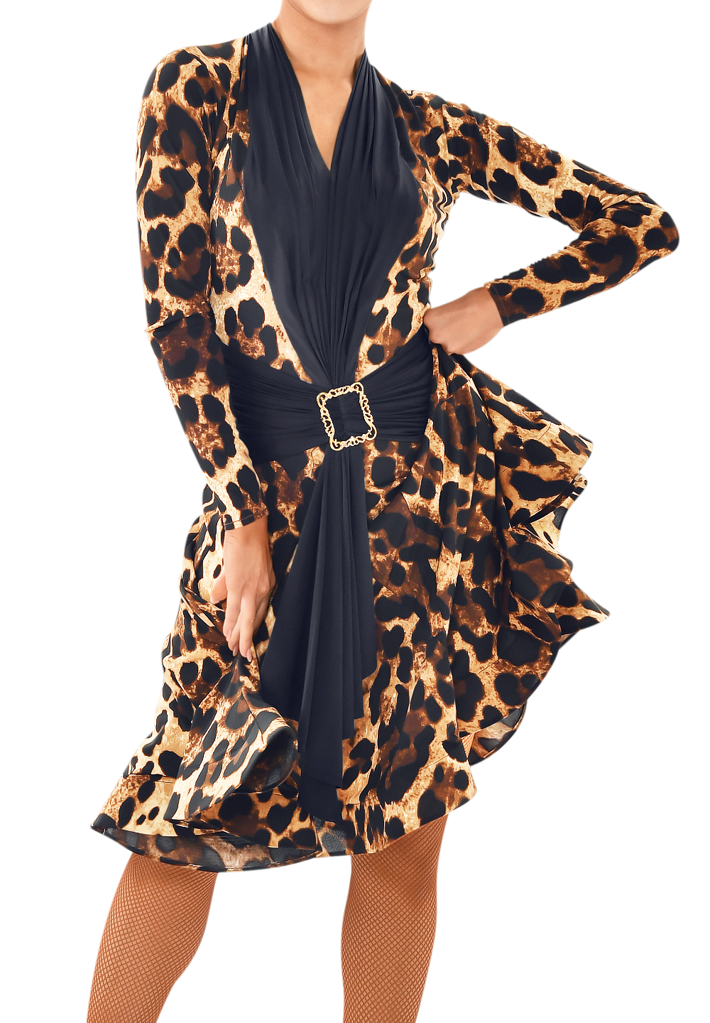Taka Buckled Scarf And Tie Latin Dress 3L-144-Brown Leopard/Black