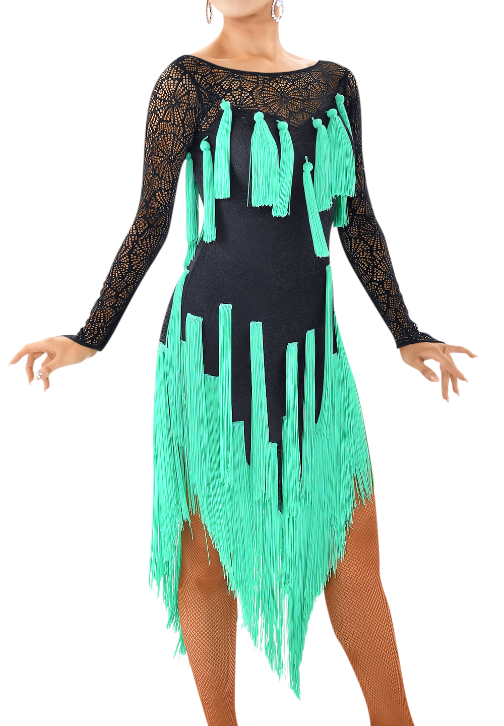 Taka Hollowed Flower Fringed Latin Dress 3L-147-Black/Emerald