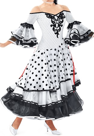 Taka Off The Shoulder Flamenco Dress 3S-161-White/Black Dot