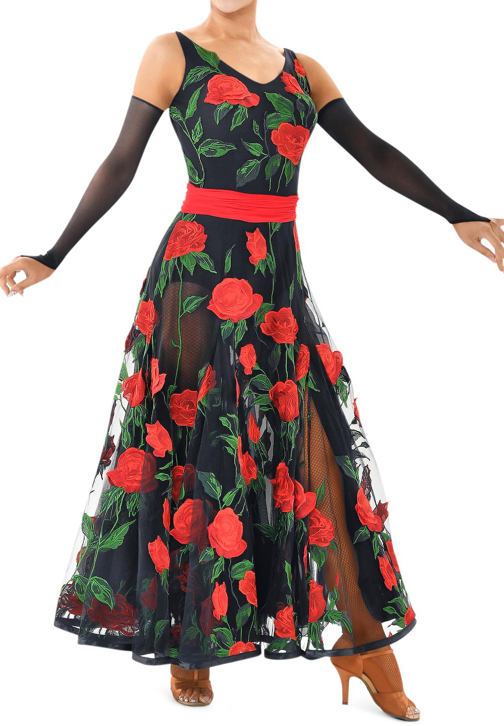 Taka Rose Garden V Cut Ballroom Smooth Gown 3L-143-Black/Red Emboidery