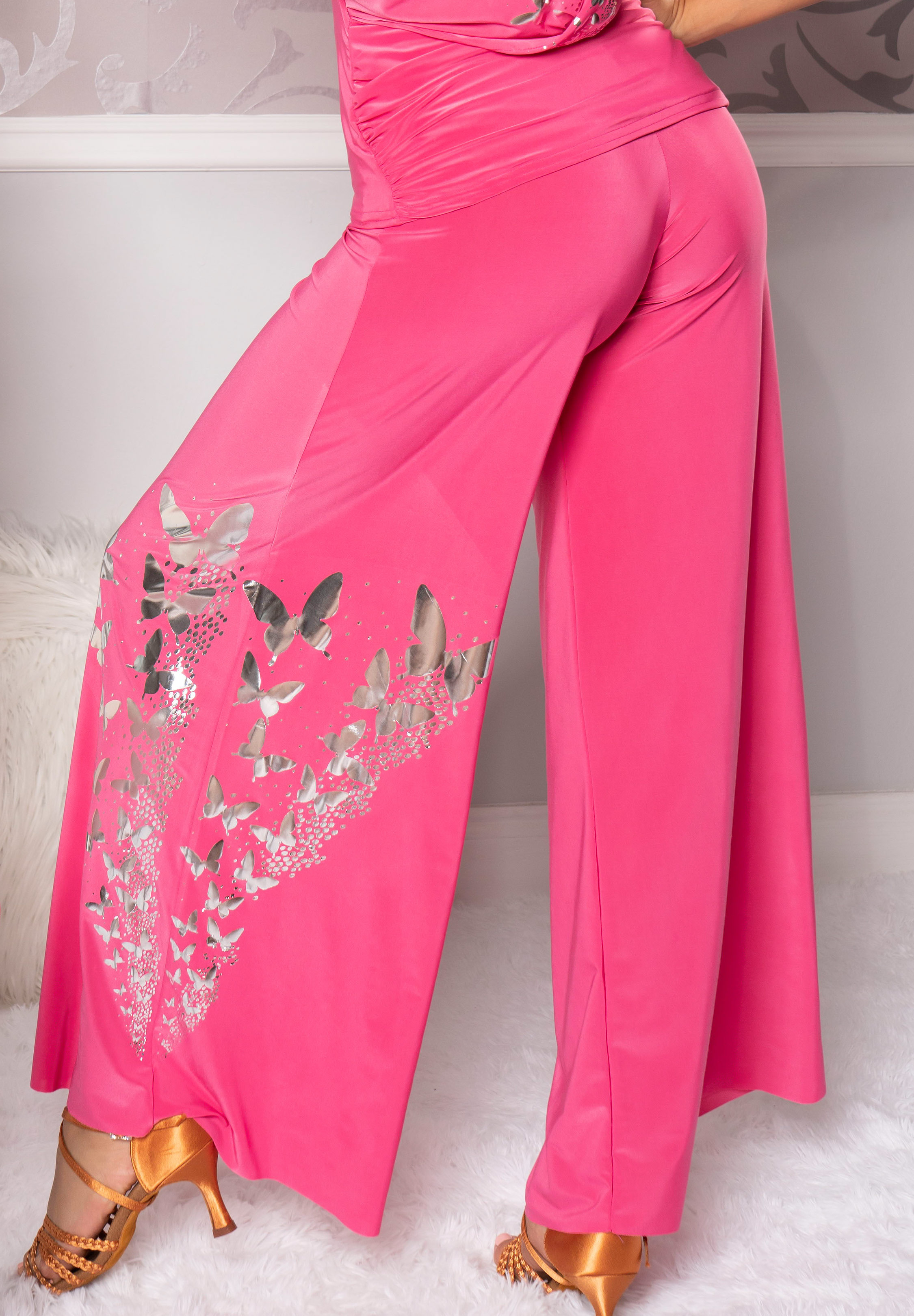 Dance America P203B - Butterfly Palazzo Pants-Pink-Silver Butterfly