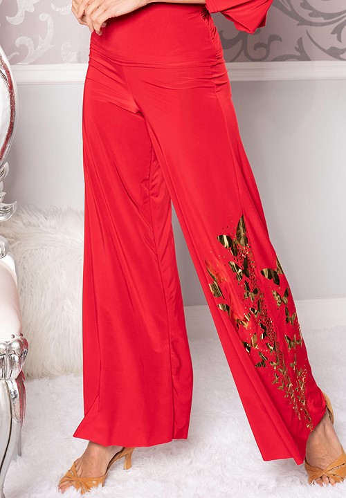 Dance America P203B - Butterfly Palazzo Pants-Red-Gold Butterfly