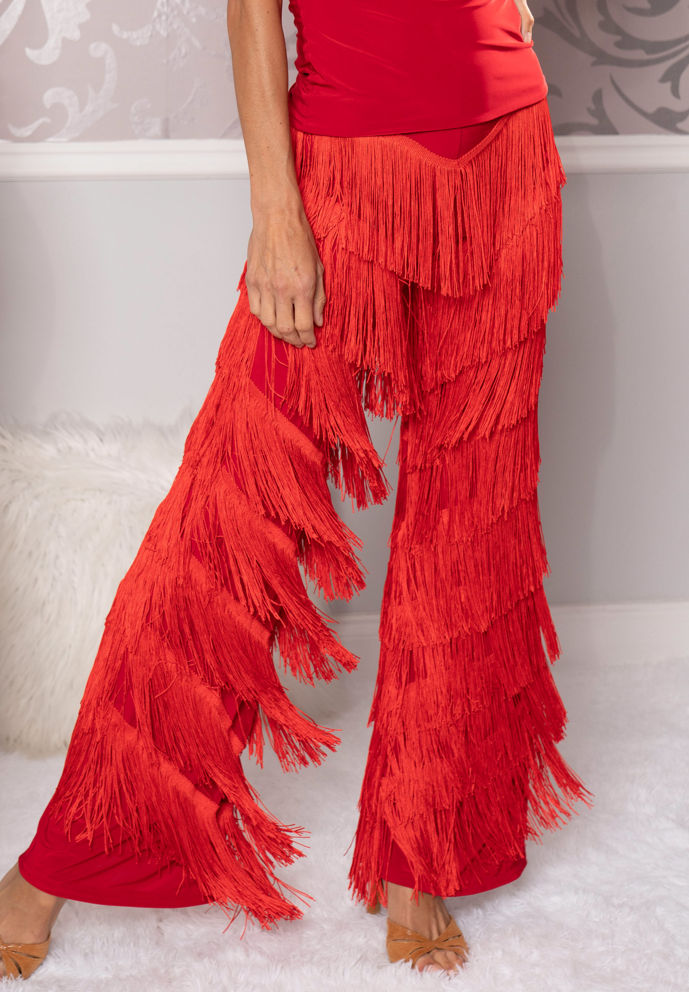 Black red High waist fringe Latin ballroom dance pants for women salsa  rumba flowy side with