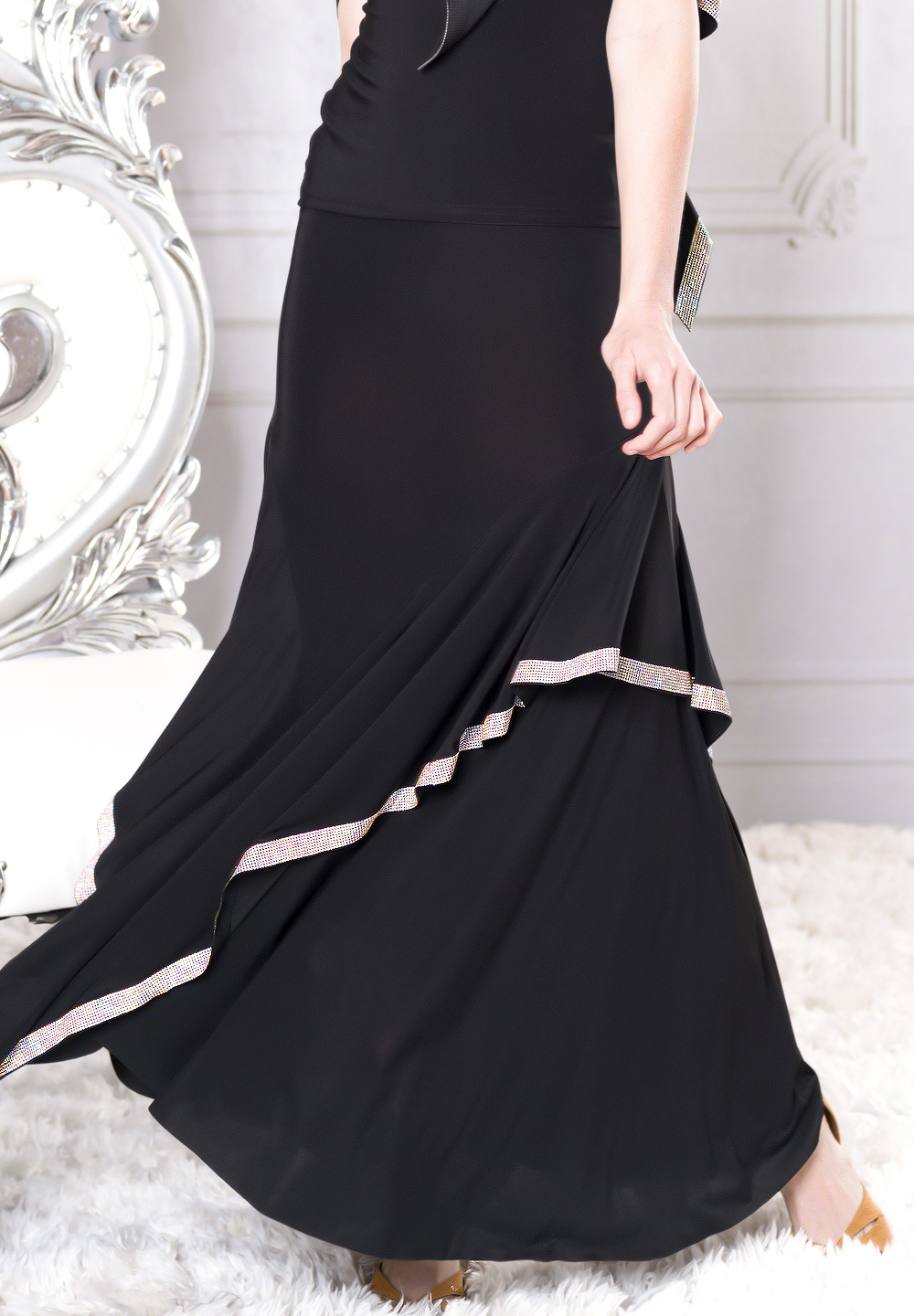 Dance America S010 - Classic Long Rhinestone Ruffled Skirt-Black