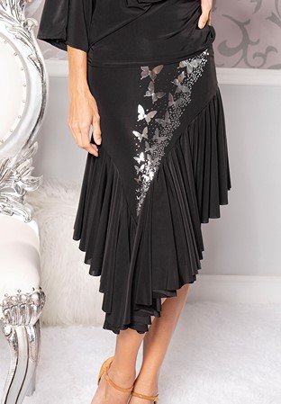 Dance America S204B - Butterfly Asymmetric Full Flounced Skirt-Black-Silver Butterfly
