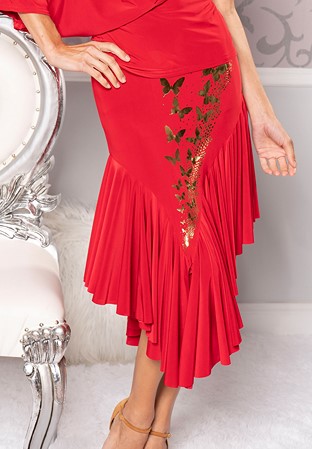 Dance America S204B - Butterfly Asymmetric Full Flounced Skirt-Red-Gold Butterfly