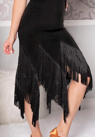 Dance America S218 - Diagonal Asymmeric Panel Fringe Skirt-Black