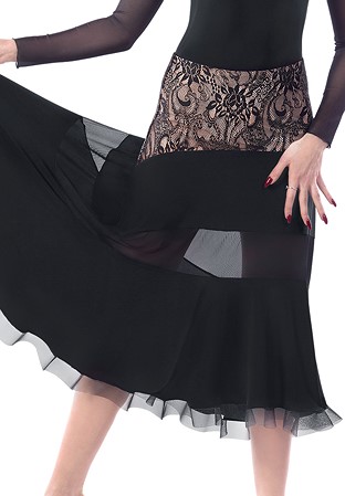 Dance Box Lace Trim Long Ballroom Skirt P15120044-01 Black/Nude