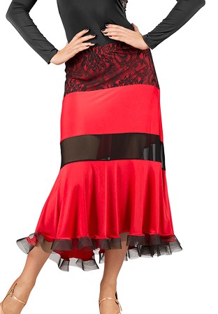 Dance Box Lace Trim Long Ballroom Skirt P15120044-02 Black/Red