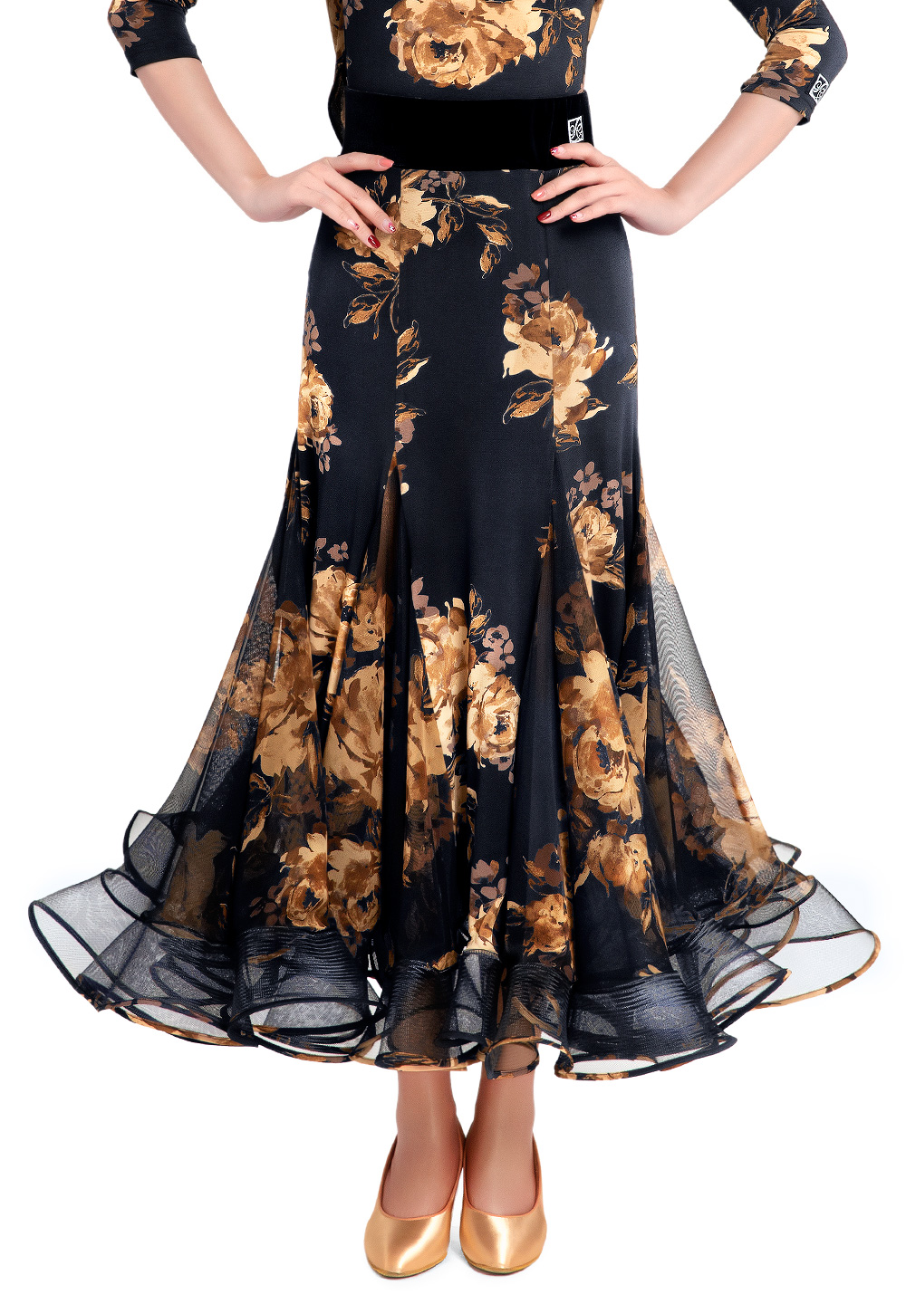 PopconAtelier Velvet Belt Ballroom Skirt WMS506-Black/Beige
