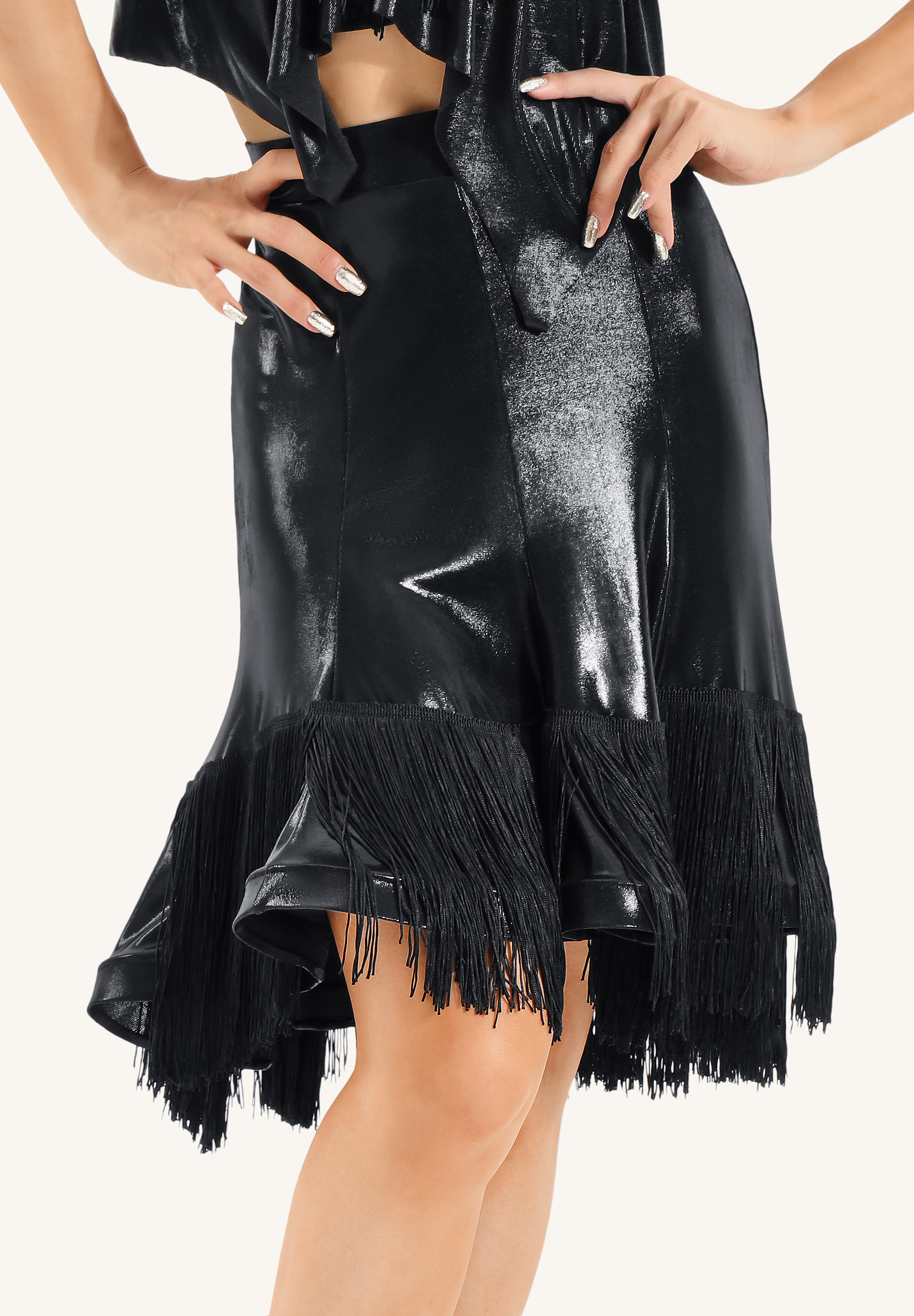 TDANCE Flutter Fringe Dance Skirt GL-0032-Black Patent Leather
