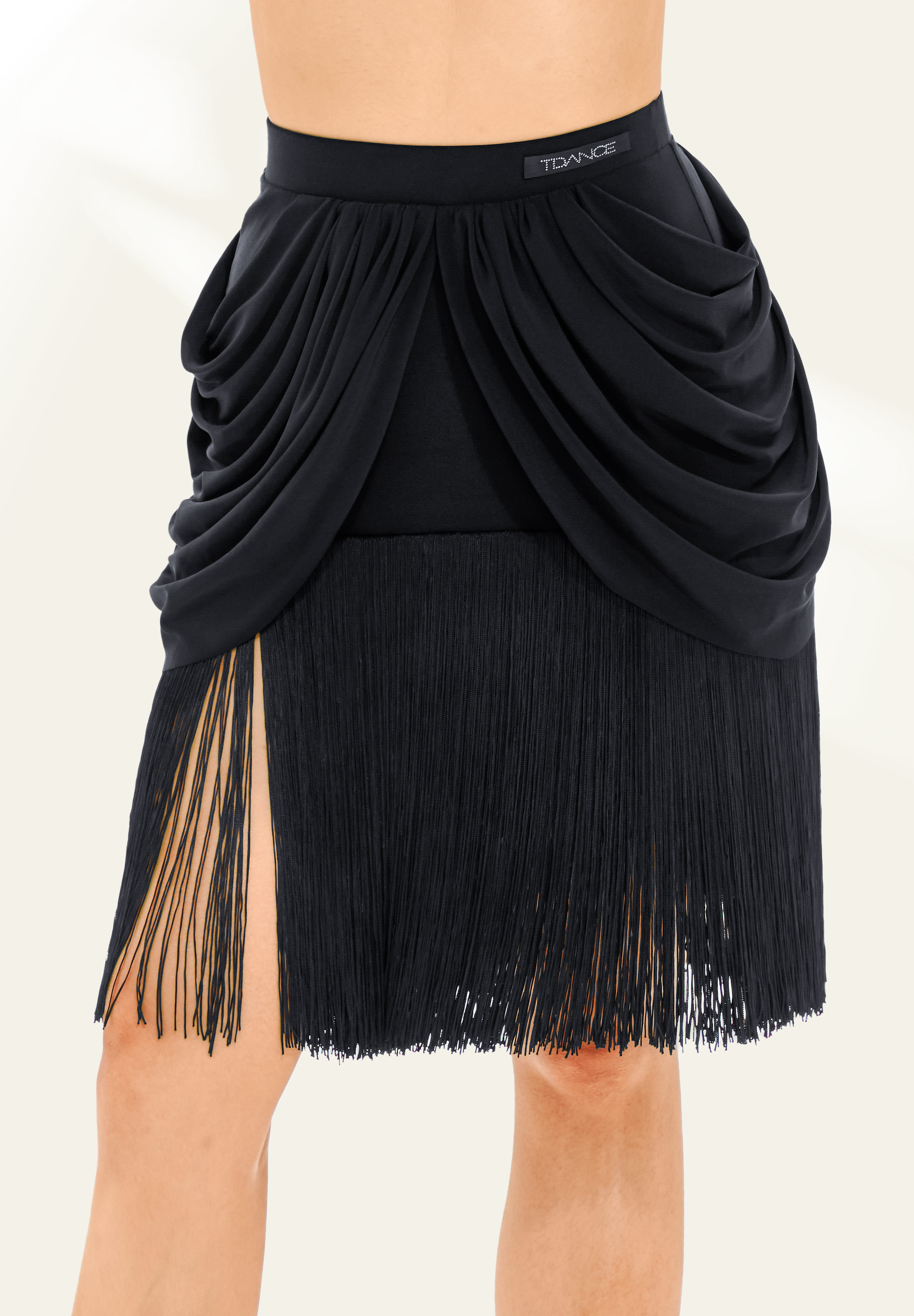 TDANCE Sassy Side Slit Draped Fringe Skirt GL-0075-Black