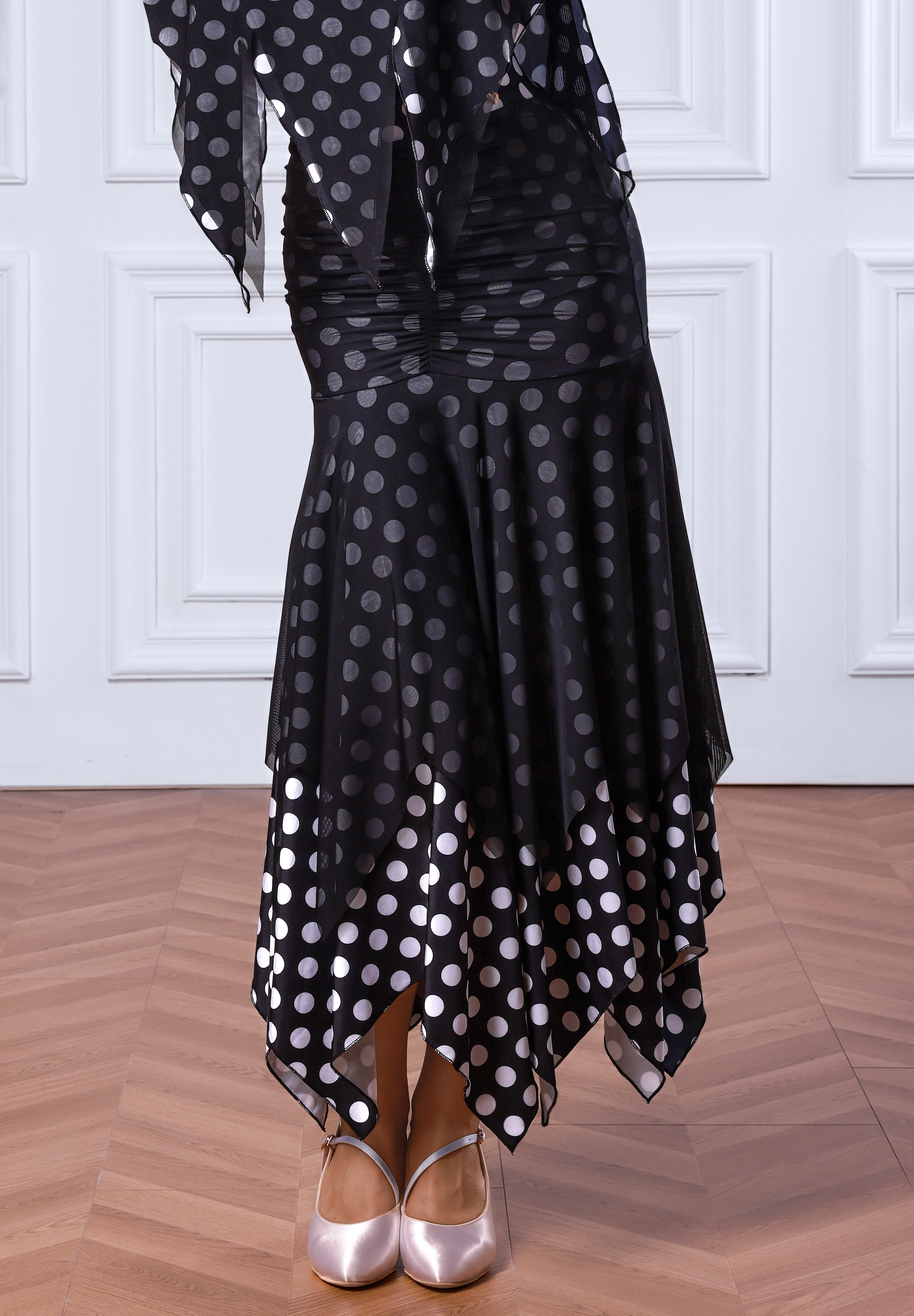TID Ruched Flutter Ballroom Skirt S052-Black Polka Dot