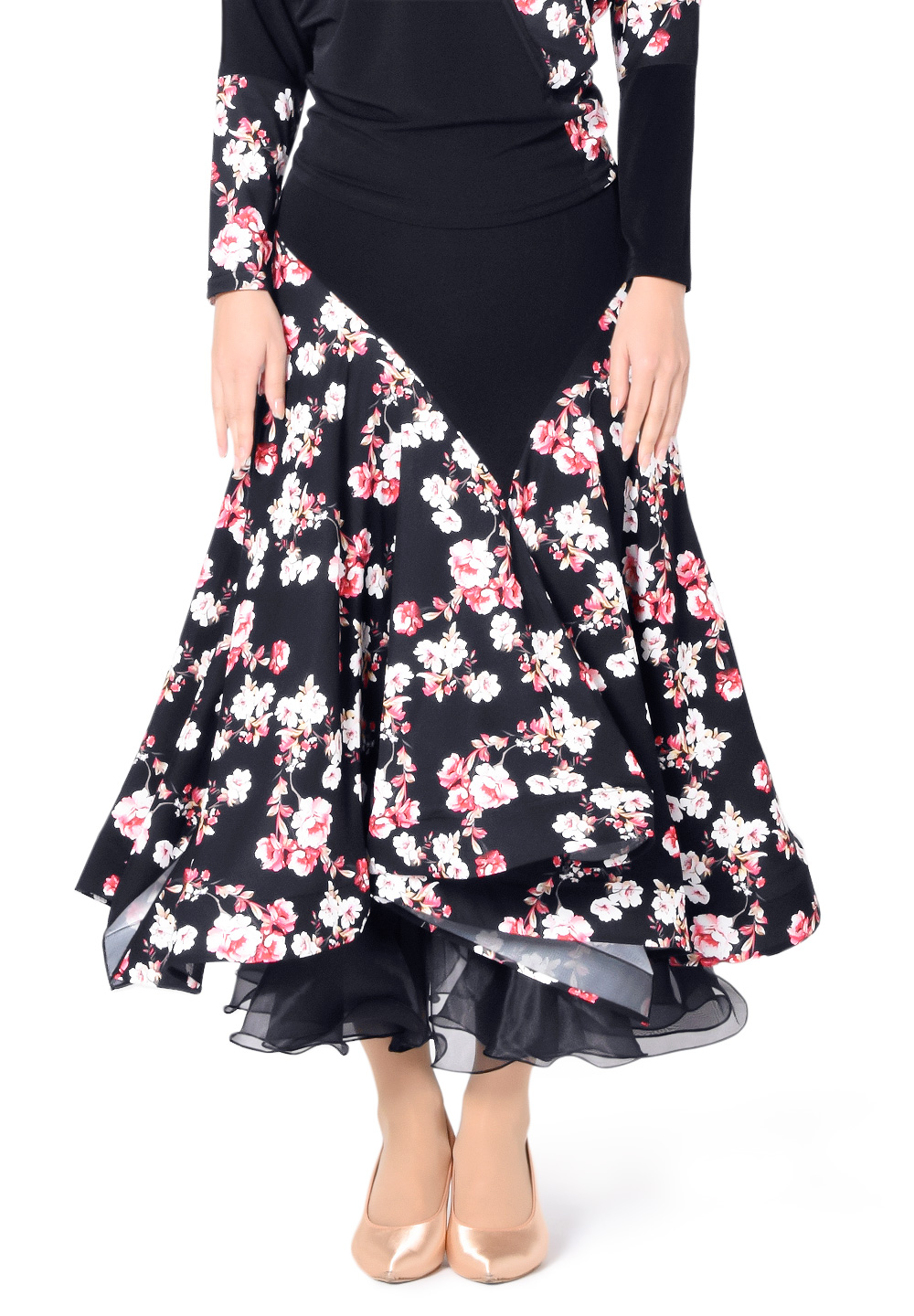 Taka Asymmetric Full Length Skirt KR1811NA-SK195-Black Flower Print