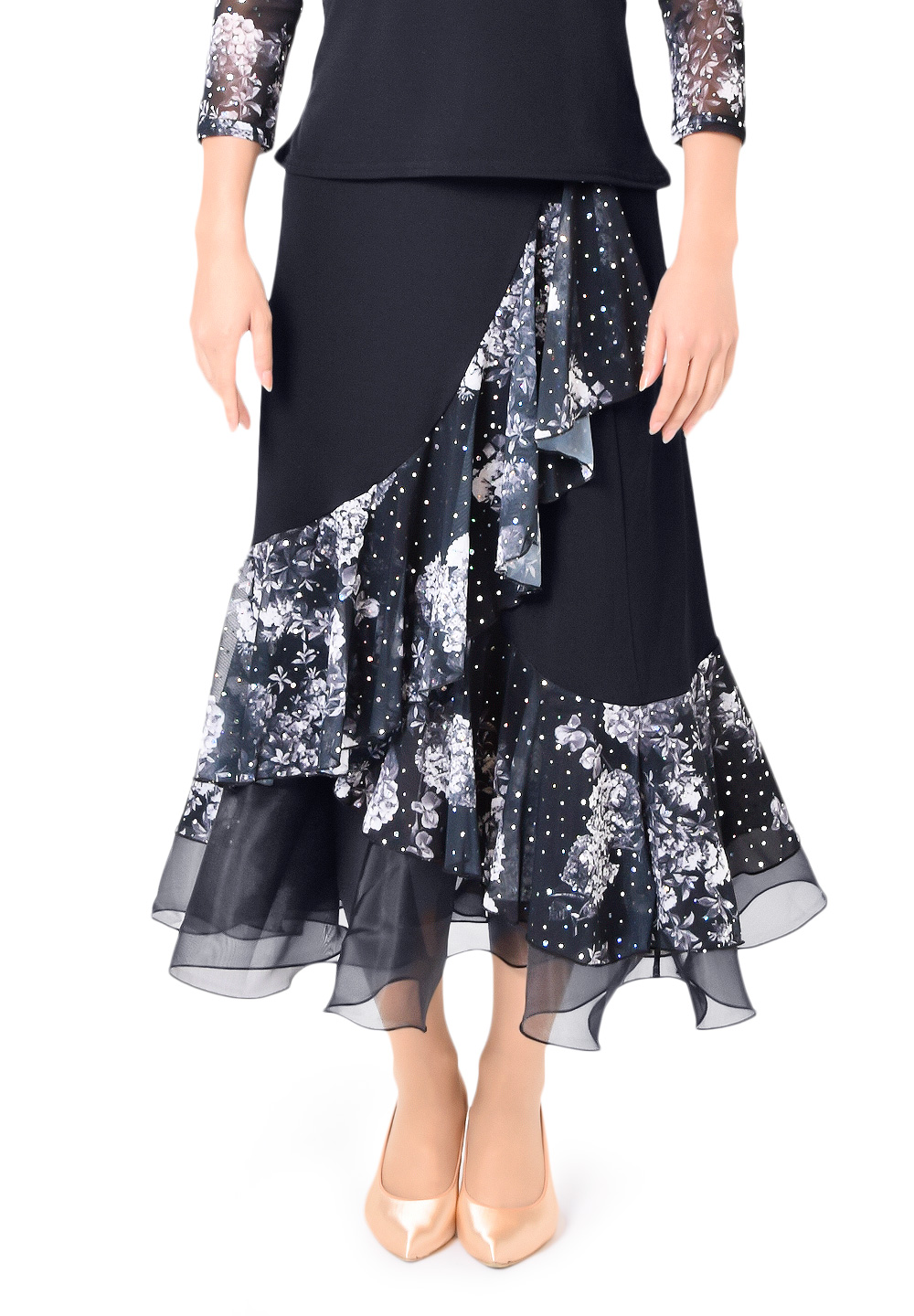 Taka Sequined Floral Ruffle Ballroom Skirt KR1808RA-SK169-Black Flower Print