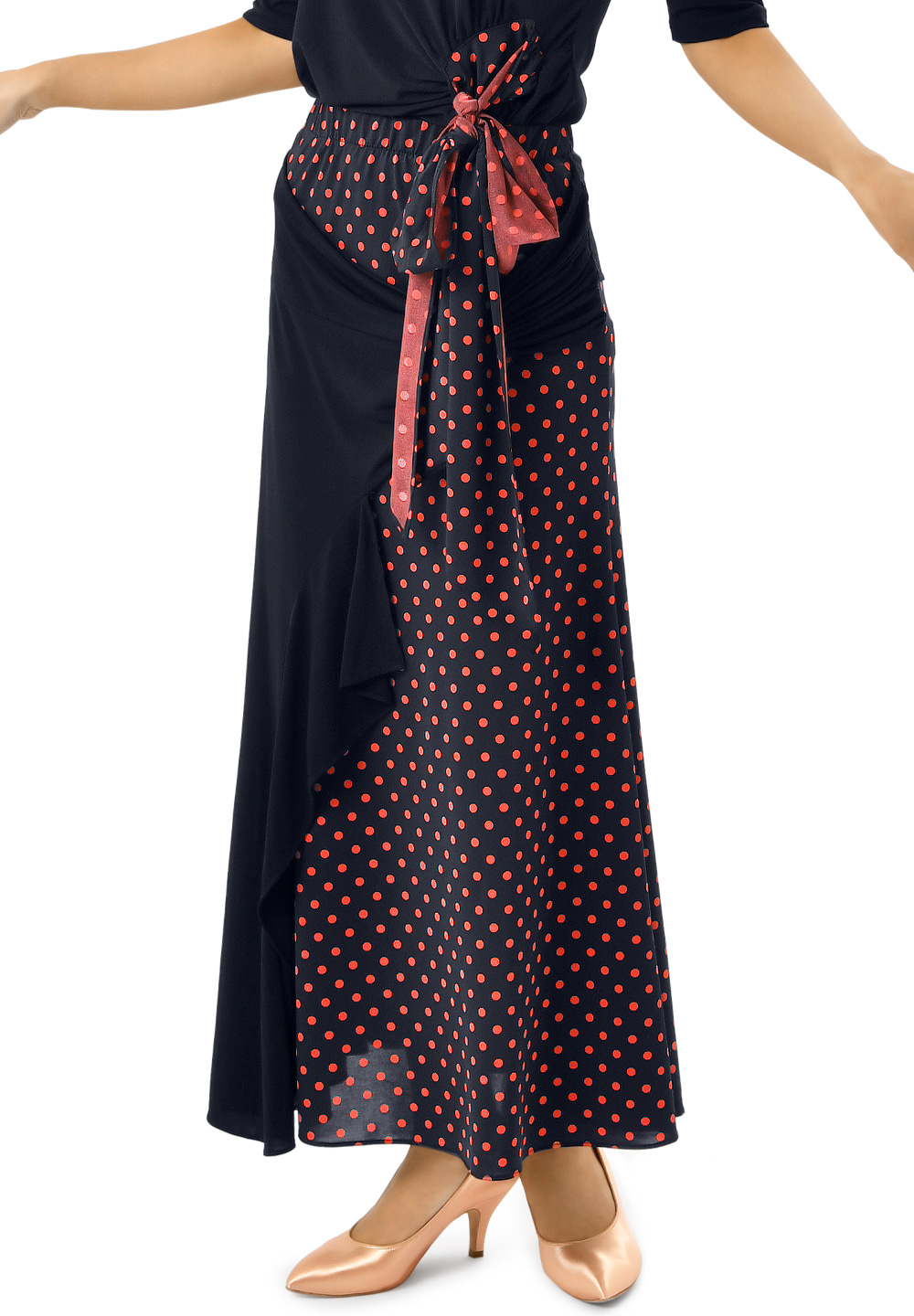 Taka Womens Colorblock Ballroom Dance Skirt KR1706-SK69-Black/Red Dot