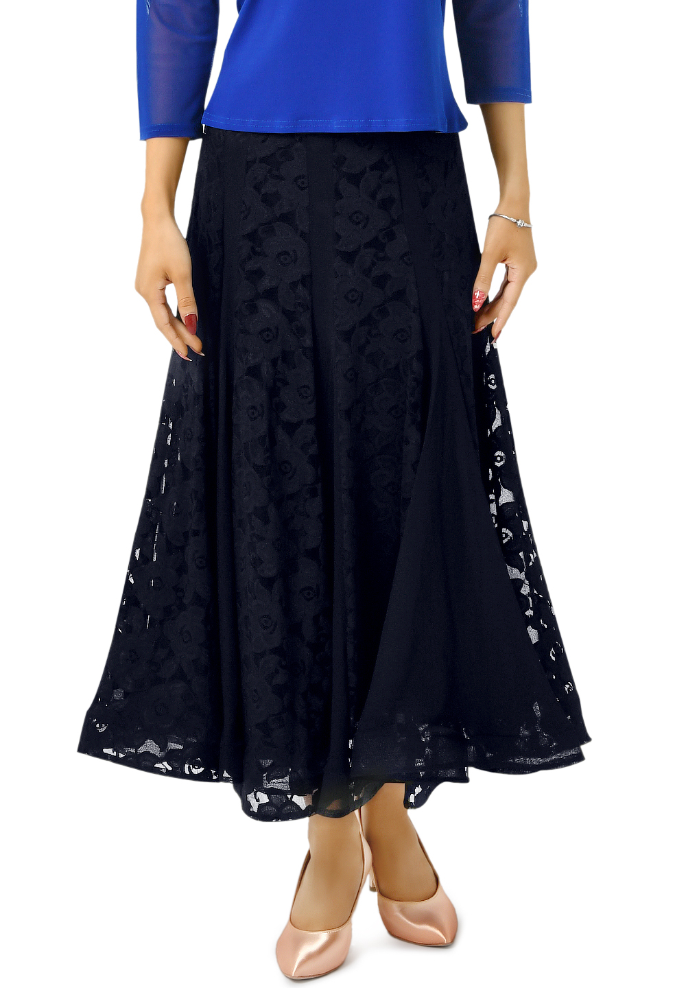 Taka Womens Floral Panel Ballroom Dance Skirt KR1709-SK84-Black Lace