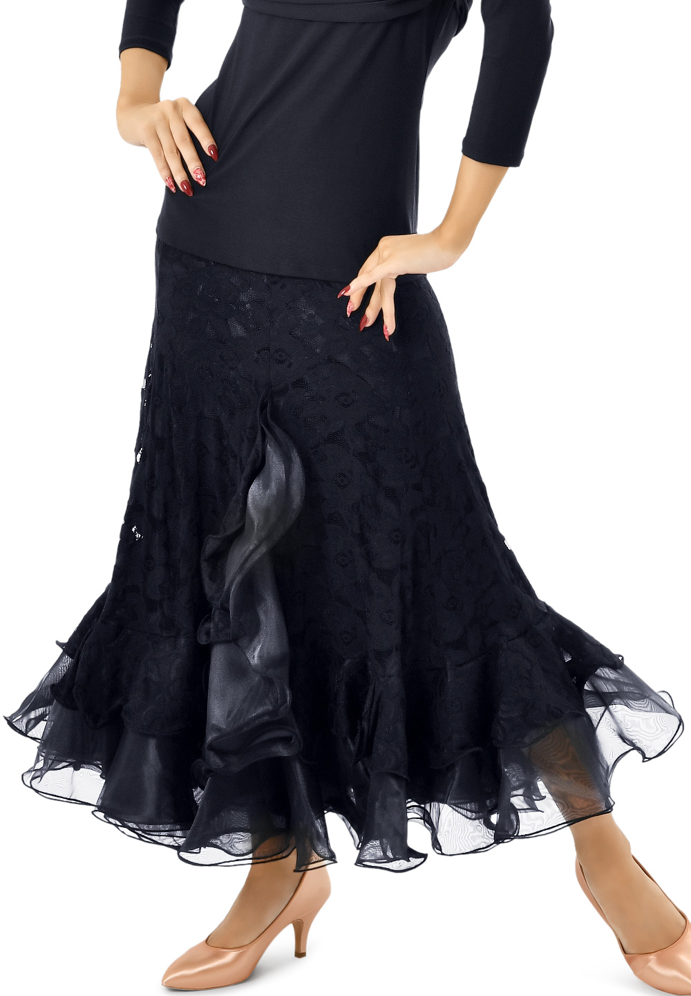 Taka Womens Ruffle Insert Ballroom Skirt KR1707-SK73-Black