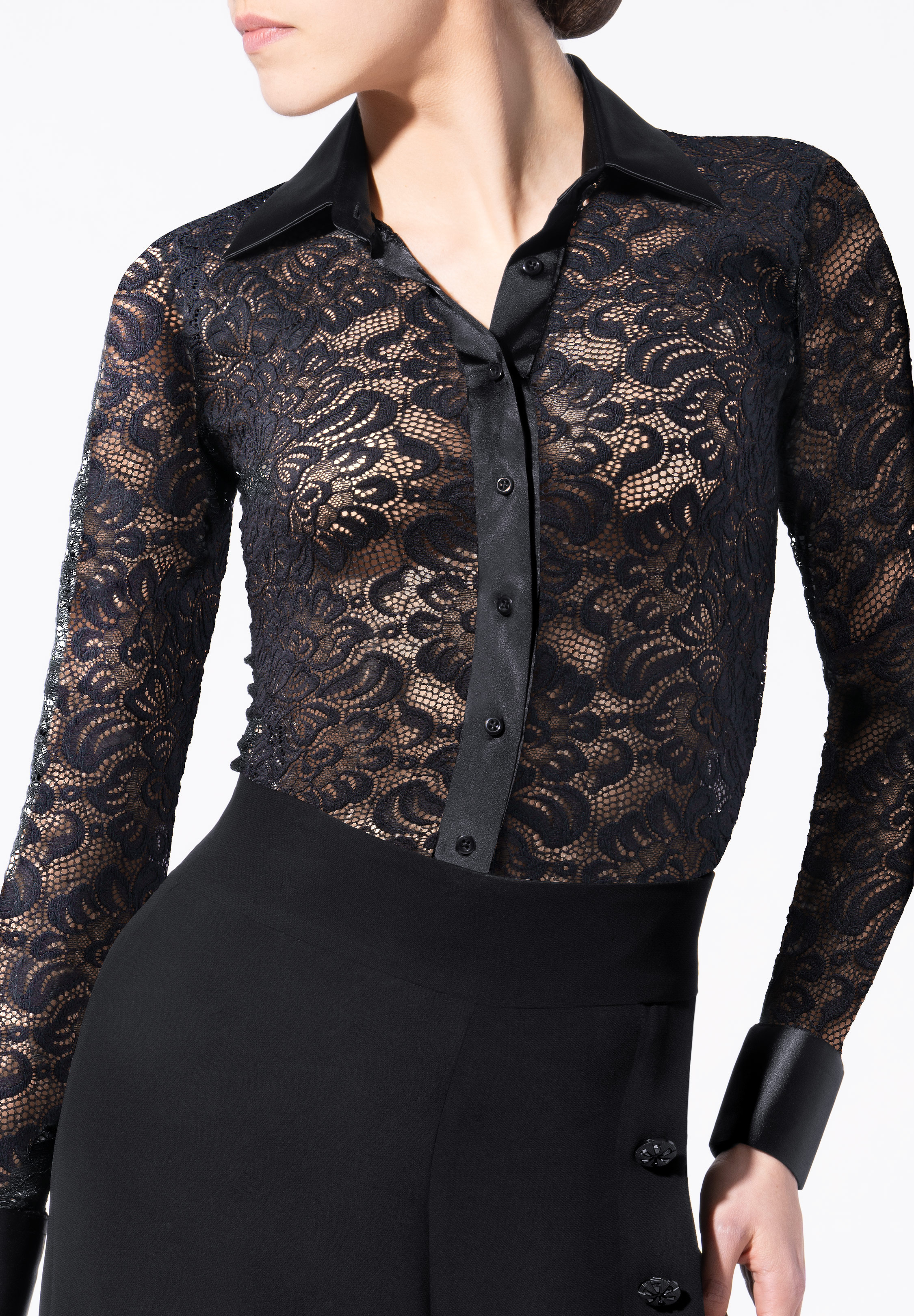 Armando Ladies Collared Dance Body Shirt 00146-Black Flowery Lace