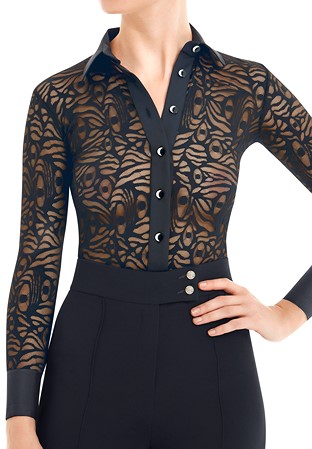 Armando Ladies Collared Dance Body Shirt 00146-Black Lace
