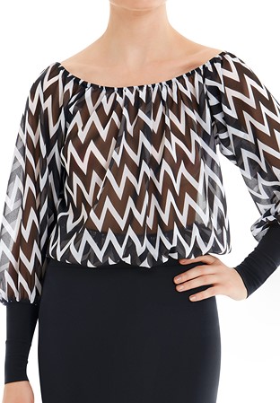 Armando Wide Neck Balloon Sleeve Bodysuit 00143-Black/White Chevron