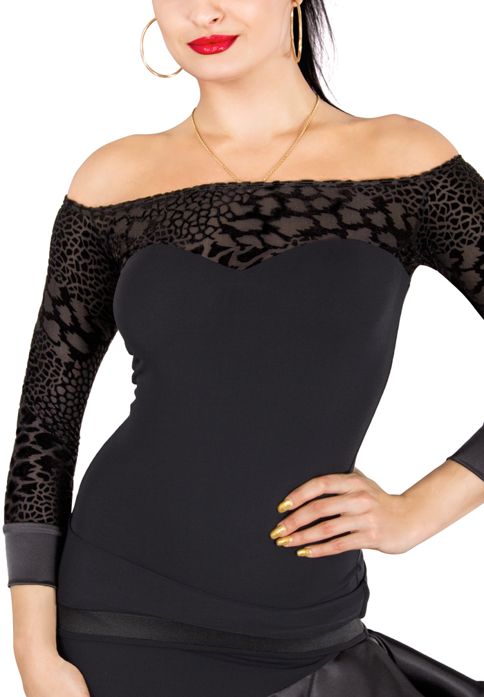 DSI Nataliya Ballroom Dance Top-Black Flock 3229