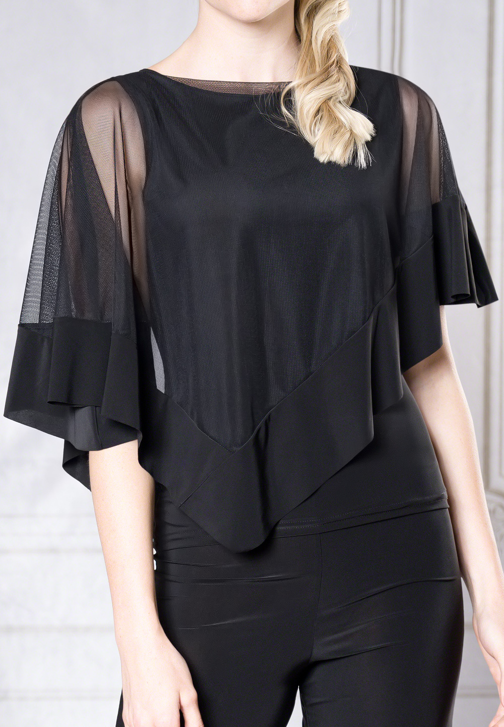 Dance America T012 - Diagonal Mesh Capelet Top-Black