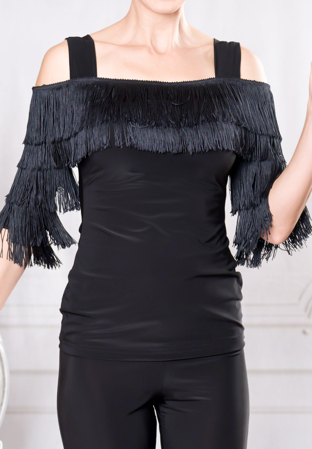 Dance America T023 - Cold Shoulder Fringe Top-Black