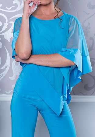 Dance America T212 - Diagonal Mesh Capelet Top-Blue