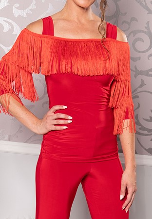 Dance America T223 - Cold Shoulder Box Top with Fringe-Red