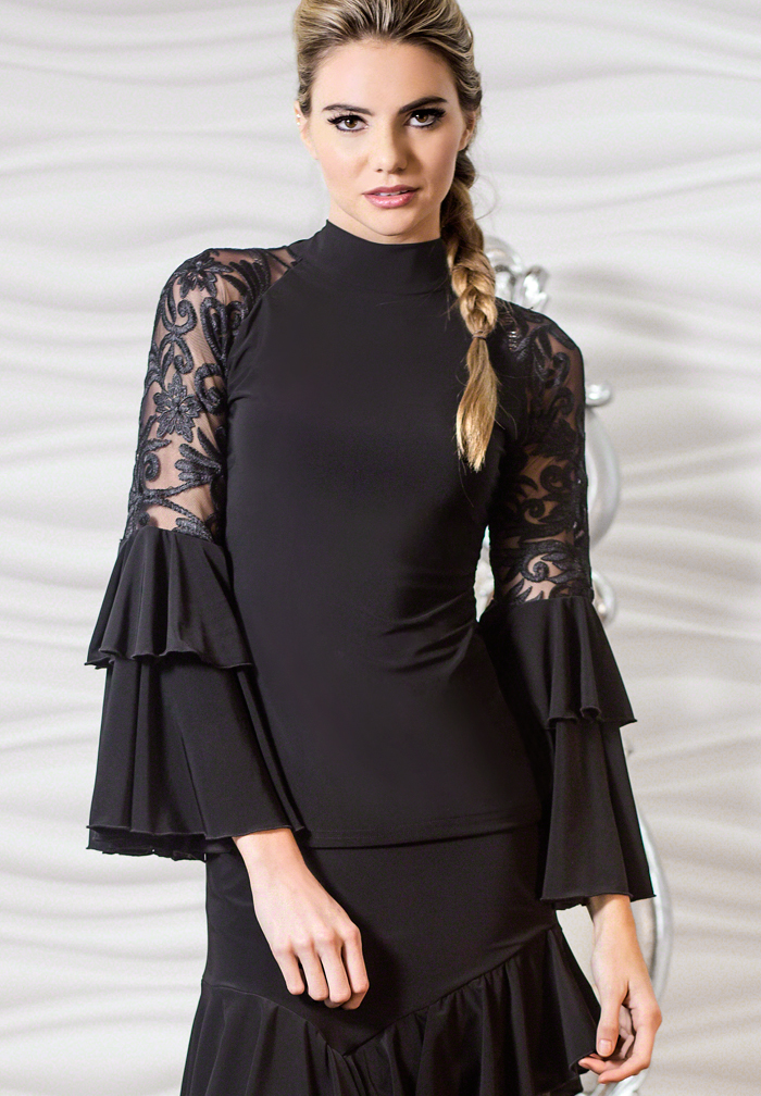 Dance America T614 - Embroidered Waterfall Sleeve Top-Black