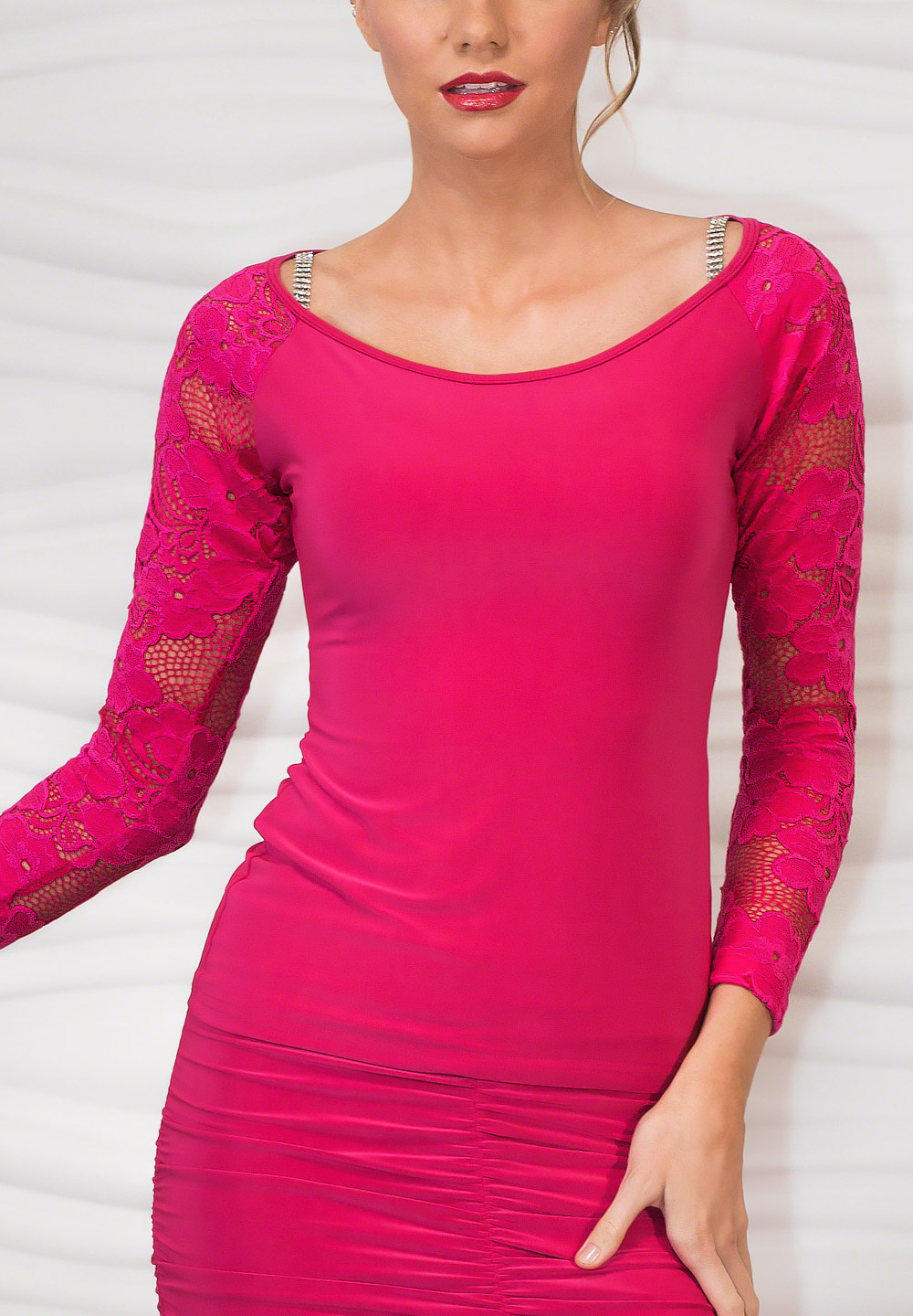 Dance America T708 - T-Shirt Top with Lace Sleeves-Azalea
