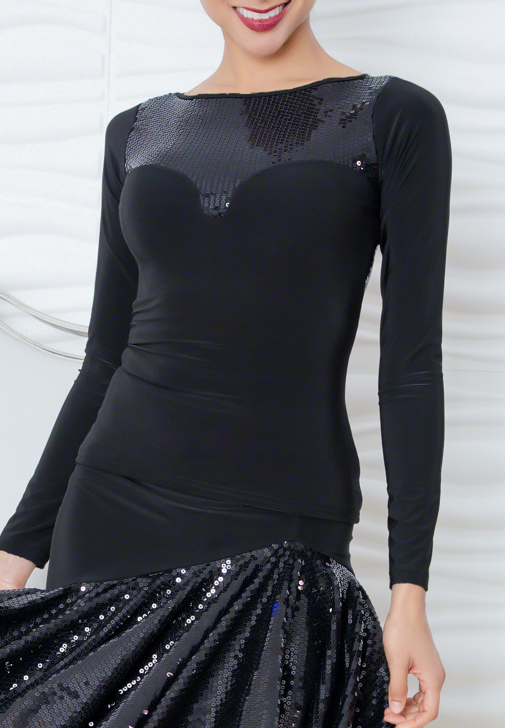Dance America T823 Sequin Long Sleeve Dance Top-Black Sequin