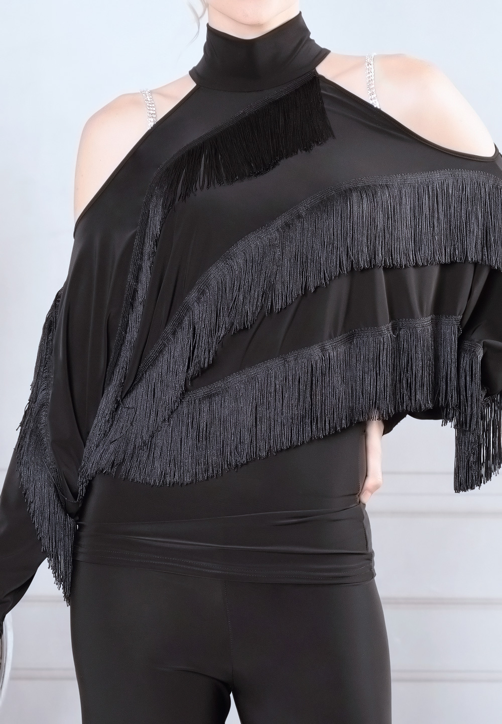 Dance America T917 - Asymmetric Fringe Sack Top-Black