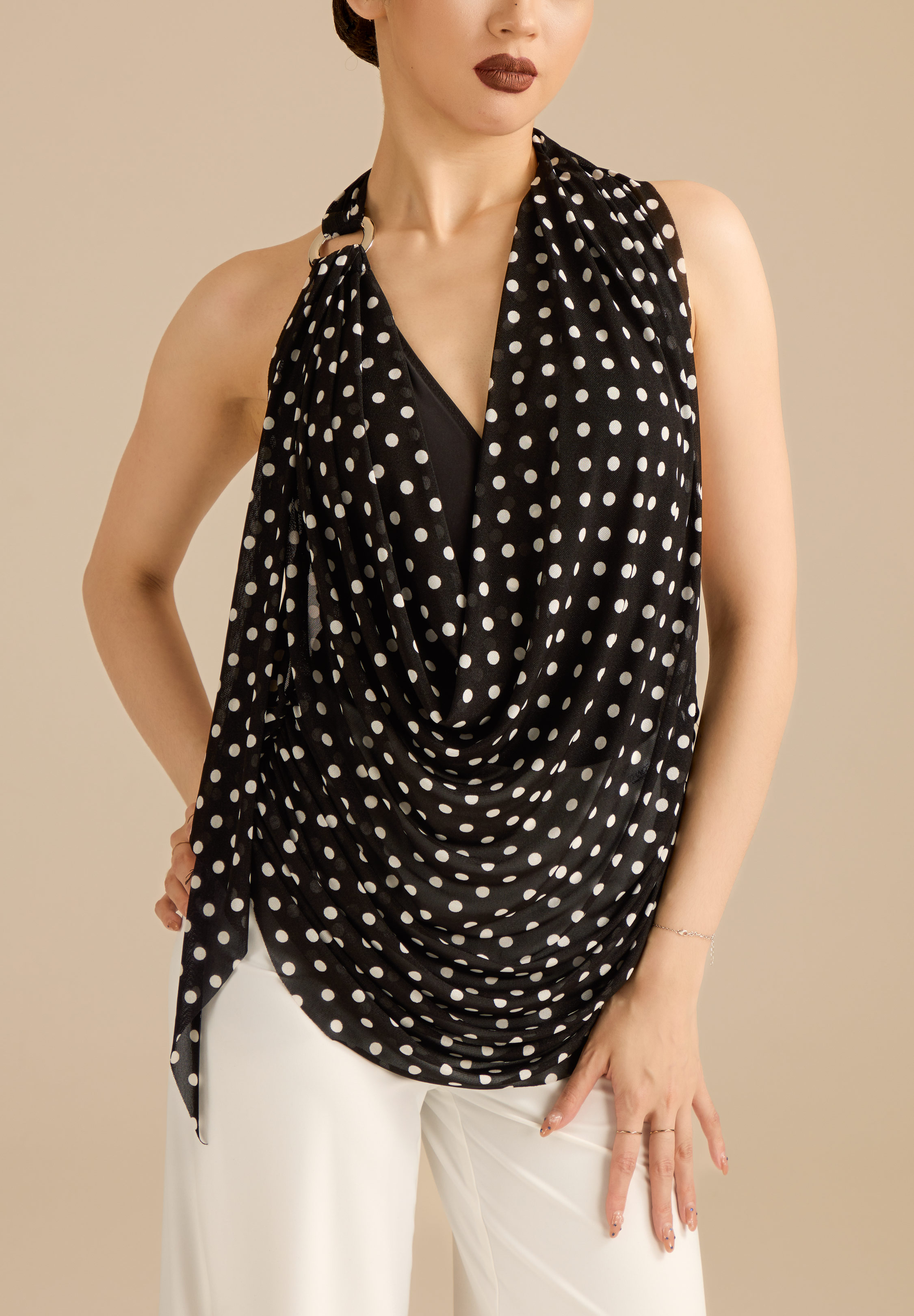TDANCE Halter Cascade Ballroom Top JM-0329-Black/Dots