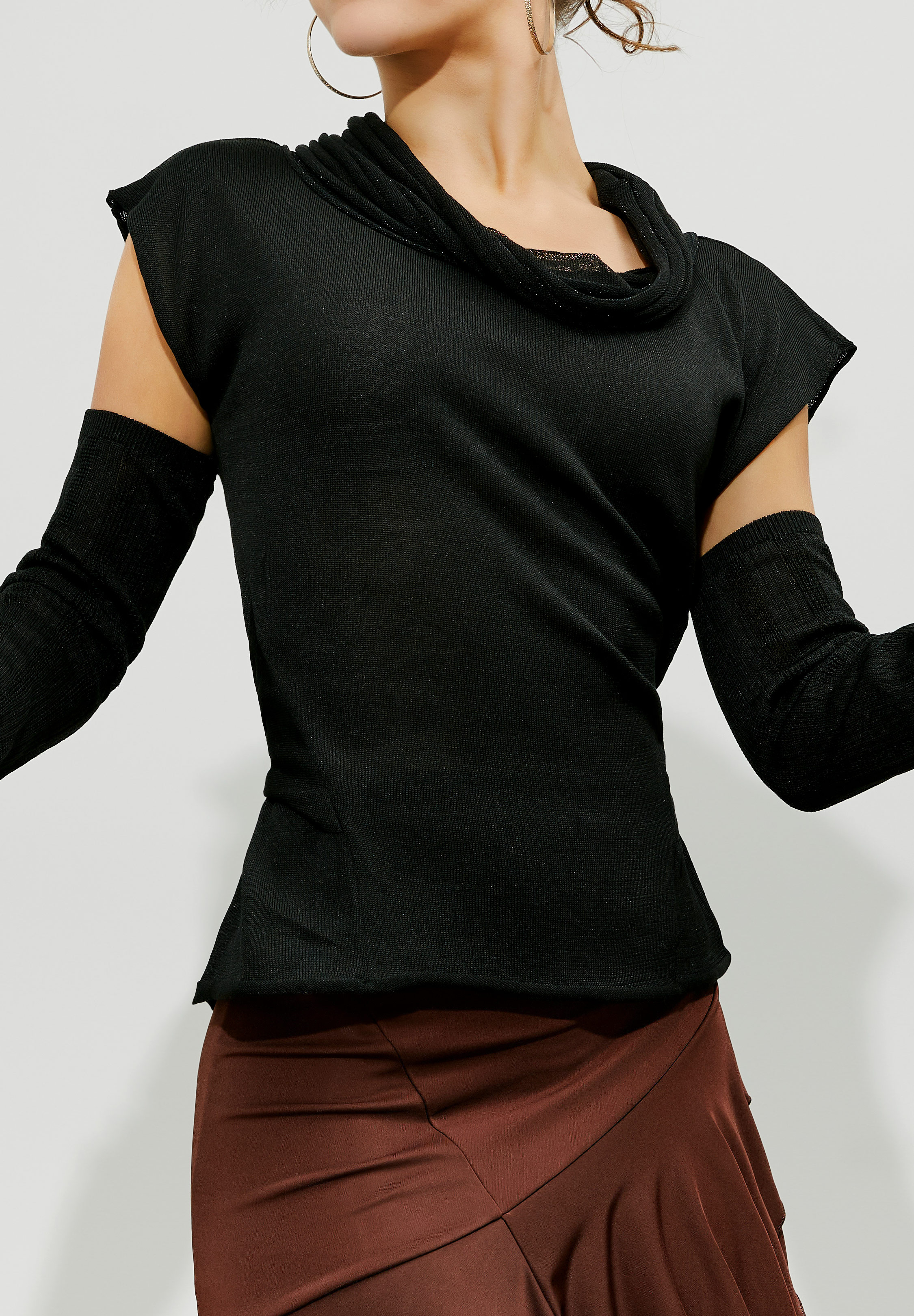 Je Dor Knitted Funnel Neck Pullover w/ Arm Warmer Set JNT-104-Black